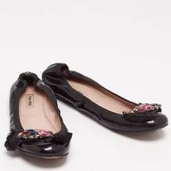 Pre Owned Miu Miu Black Patent Crystal Embellished Scrunch Ballet Flats Size 40