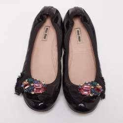 Pre Owned Miu Miu Black Patent Crystal Embellished Scrunch Ballet Flats Size 40