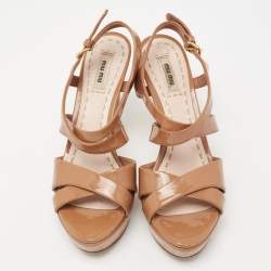 Miu Miu Beige Patent Leather Criss Cross Platform Sandals Size 39.5