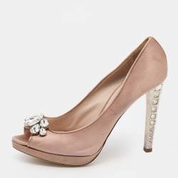 Miu Miu Beige Satin Crystal Embellished Peep Toe Platform Pumps Size 41