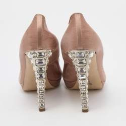 Miu Miu Beige Satin Crystal Embellished Peep Toe Platform Pumps Size 41