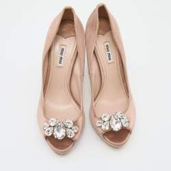 Miu Miu Beige Satin Crystal Embellished Peep Toe Platform Pumps Size 41