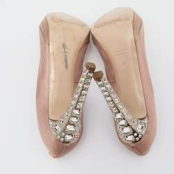 Miu Miu Beige Satin Crystal Embellished Peep Toe Platform Pumps Size 41