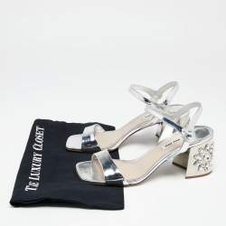 Pre Owned Miu Miu Silver Patent Leather Crystal Embellished Block Heel Ankle Strap Sandals Size 40