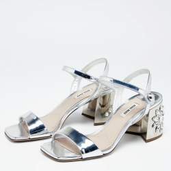 Pre Owned Miu Miu Silver Patent Leather Crystal Embellished Block Heel Ankle Strap Sandals Size 40