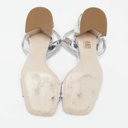 Pre Owned Miu Miu Silver Patent Leather Crystal Embellished Block Heel Ankle Strap Sandals Size 40
