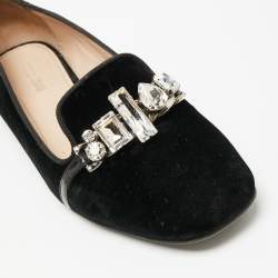 Miu Miu Black Velvet Crystal Embellished Slip On Loafers Size 38