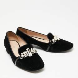 Miu Miu Black Velvet Crystal Embellished Slip On Loafers Size 38