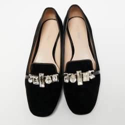 Miu Miu Black Velvet Crystal Embellished Slip On Loafers Size 38