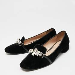 Miu Miu Black Velvet Crystal Embellished Slip On Loafers Size 38