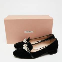 Miu Miu Black Velvet Crystal Embellished Slip On Loafers Size 38