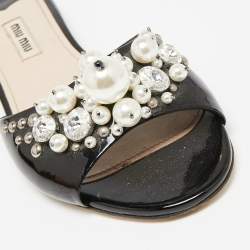 Miu Miu Black Patent Leather Pearl Embellished Flats Size 37