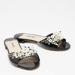 Miu Miu Black Patent Leather Pearl Embellished Flats Size 37