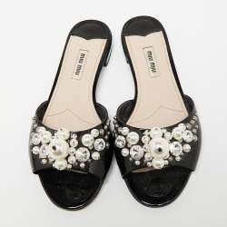 Miu Miu Black Patent Leather Pearl Embellished Flats Size 37