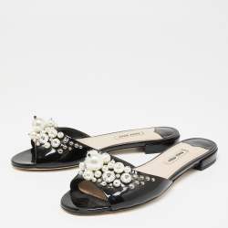Miu Miu Black Patent Leather Pearl Embellished Flats Size 37
