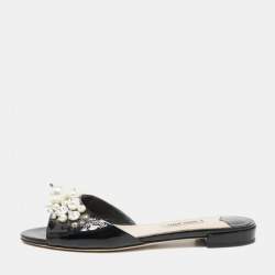 Miu Miu Black Patent Leather Pearl Embellished Flats Size 37