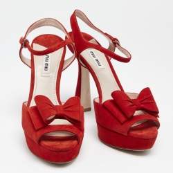 Miu Miu Red Suede Bow Ankle Strap Platform Sandals Size 39.5