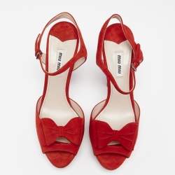 Miu Miu Red Suede Bow Ankle Strap Platform Sandals Size 39.5