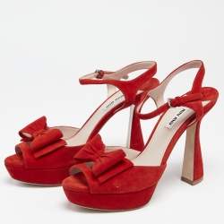Miu Miu Red Suede Bow Ankle Strap Platform Sandals Size 39.5