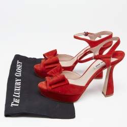 Miu Miu Red Suede Bow Ankle Strap Platform Sandals Size 39.5
