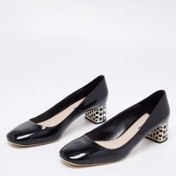 Pre Owned Miu Miu Black Patent Leather Crystal Embellished Block Heel Pumps Size 39