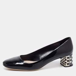 Pre Owned Miu Miu Black Patent Leather Crystal Embellished Block Heel Pumps Size 39