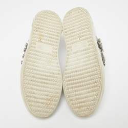 Pre Owned Miu Miu White Crackled Leather And Glitter Stripe Crystal Embellished Low Top Sneakers Size 37.5