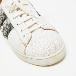 Pre Owned Miu Miu White Crackled Leather And Glitter Stripe Crystal Embellished Low Top Sneakers Size 37.5
