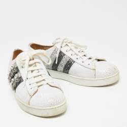 Pre Owned Miu Miu White Crackled Leather And Glitter Stripe Crystal Embellished Low Top Sneakers Size 37.5