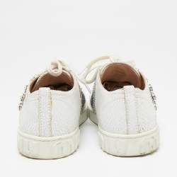 Pre Owned Miu Miu White Crackled Leather And Glitter Stripe Crystal Embellished Low Top Sneakers Size 37.5