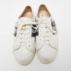 Pre Owned Miu Miu White Crackled Leather And Glitter Stripe Crystal Embellished Low Top Sneakers Size 37.5