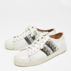 Pre Owned Miu Miu White Crackled Leather And Glitter Stripe Crystal Embellished Low Top Sneakers Size 37.5