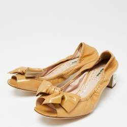 Miu Miu Beige Patent Leather Bow Crystal Studded Heel Peep-Toe Pumps Size 38