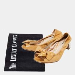 Miu Miu Beige Patent Leather Bow Crystal Studded Heel Peep-Toe Pumps Size 38