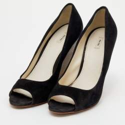 Miu Miu Black Suede Peep Toe Wedge Pumps Size 39
