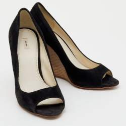 Miu Miu Black Suede Peep Toe Wedge Pumps Size 39