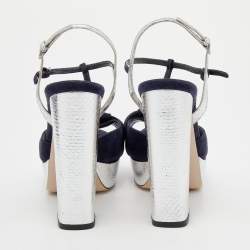 Pre Owned صندل ميو ميو جلد نقشة الثعبان وسويدي أزرق كحلي / فضي بسير حرف تي ونعل سميك مقاس 37