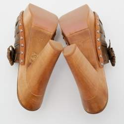 Pre Owned Miu Miu Olive Green Leather Bow Platform Slide Sandals Size 37