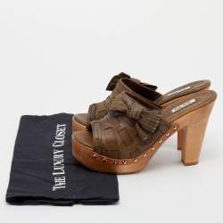 Pre Owned Miu Miu Olive Green Leather Bow Platform Slide Sandals Size 37