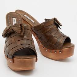 Pre Owned Miu Miu Olive Green Leather Bow Platform Slide Sandals Size 37