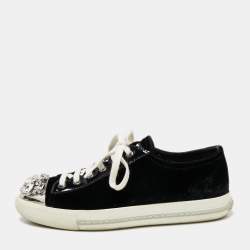 Pre Owned Miu Miu Black Patent Leather And Velvet Crystal Embellished Cap Toe Lace Up Sneakers Size 37
