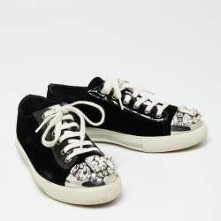 Pre Owned Miu Miu Black Patent Leather And Velvet Crystal Embellished Cap Toe Lace Up Sneakers Size 37