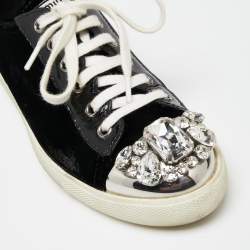 Pre Owned Miu Miu Black Patent Leather And Velvet Crystal Embellished Cap Toe Lace Up Sneakers Size 37