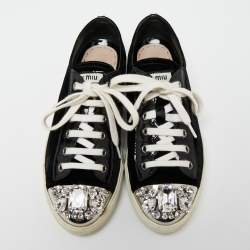Pre Owned Miu Miu Black Patent Leather And Velvet Crystal Embellished Cap Toe Lace Up Sneakers Size 37
