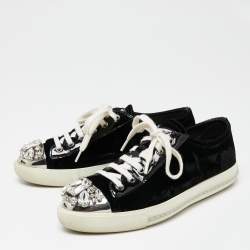 Pre Owned Miu Miu Black Patent Leather And Velvet Crystal Embellished Cap Toe Lace Up Sneakers Size 37