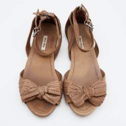 Pre Owned Miu Miu Brown Leather Bow Detail Ankle Strap Flat Sandals Size 38.5