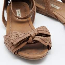 Pre Owned Miu Miu Brown Leather Bow Detail Ankle Strap Flat Sandals Size 38.5