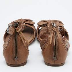 Pre Owned Miu Miu Brown Leather Bow Detail Ankle Strap Flat Sandals Size 38.5