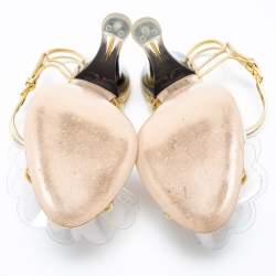Pre Owned Miu Miu Gold Leather and PVC Flower Applique Ankle-Strap Sandals Size 36.5