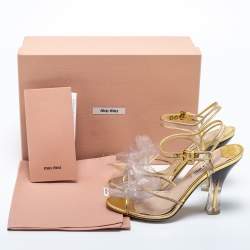 Pre Owned Miu Miu Gold Leather and PVC Flower Applique Ankle-Strap Sandals Size 36.5